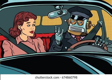robot autopilot car, woman passenger in unmanned vehicles. Vintage pop art retro illustration. Modern technologies, unmanned vehicles