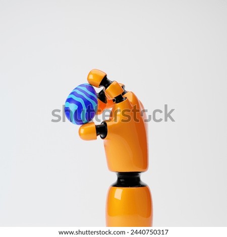 Robot cartoon hand holding Easter egg isolated over white background. 3d rendering.