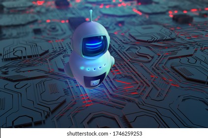 Robot, chat bot, android and digital evolution of robotics. Future processor development technologies. 3D illustration of quantum cyberspace. AI and global data