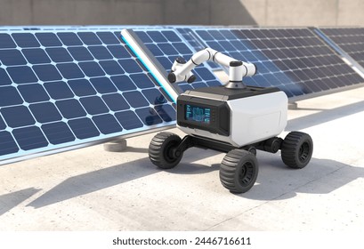 Robot clean solar panels, Automatic robot cleaning solar cell. 3D illustration