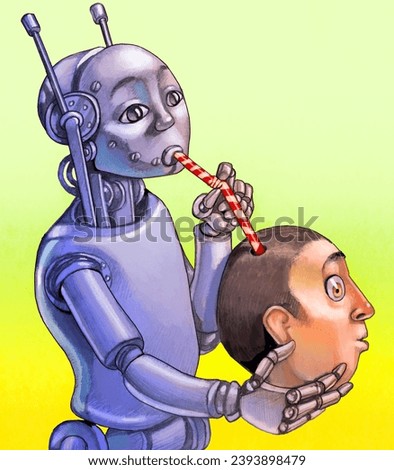 a robot comes from the head of a human by appropriating its mind, a metaphor for the exploitation of human creativity by those who control artificial intelligence, political cartoon, pencil draw