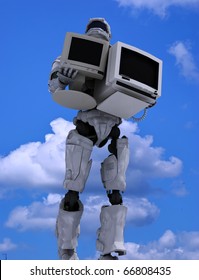 A robot with a computer against the sky