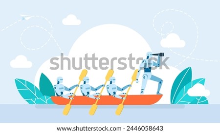 A robot controls the work of other robots. Ai or artificial intelligence concept with ai robot looking through telescope into future. Technology advance, innovation, automation. Flat illustration.