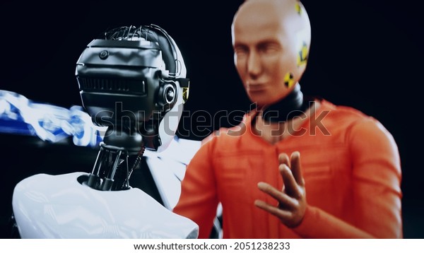 Robot crash test dummy and female robot.\
Future concept. 3d\
rendering.