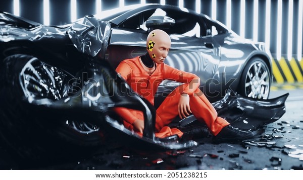 Robot crash test dummy sitting\
near destroyed car crash test. Future concept. 3d\
rendering.