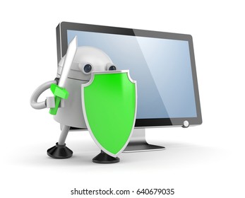 Robot defends the desktop computer. Robot with red shield and sword. 3d illustration
