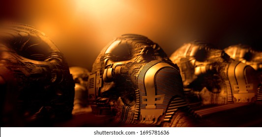 Robot Design. Occult Still Life With Human Skulls. Alien Technology On A Science Fiction Surface. 3D Rendering