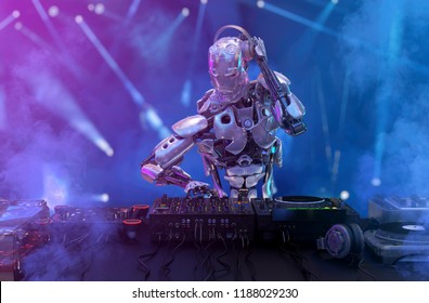 Robot disc jockey at the dj mixer and turntable plays nightclub during party. EDM, entertainment, party concept. 3D illustration - Powered by Shutterstock