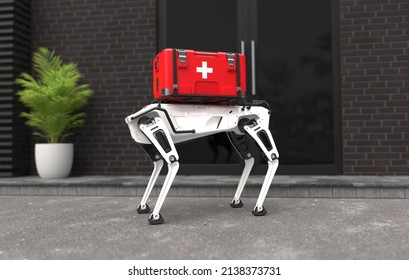 Robot Dog With First Aid Kit, Emergency Medical Care Concept. 3D Illustration