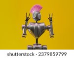 A robot with an edgy sense of style and a striking mohawk hairstyle exudes a rebellious attitude, making the iconic rock and roll sign with devil horns. Punk machine
