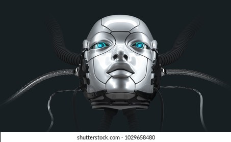 Robot Female Face Closeup Portrait, 3d Render