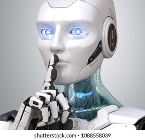 Robot with finger on lips asking for silence. 3D illustration
