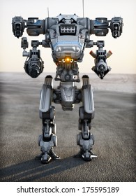 Robot Futuristic Mech Weapon With Full Array Of Guns Pointed