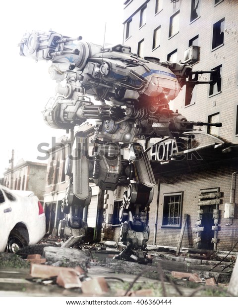 廃墟の街に銃を揃えたロボット未来的な機械兵器 写実的な3dレンダリング のイラスト素材