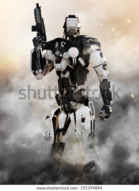 Roboter Futuristische Polizei Gepanzert Mekka Waffe Mit Aktionshintergrund Stockillustration