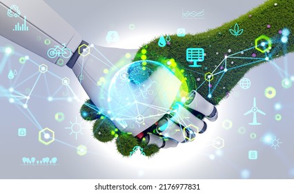 Robot And Green Hand Agreement, Technology And Nature Handshake. Earth Sphere Hologram And Glowing Eco Hud With Connection Lines. Concept Of Balance And Ecosystem. 3D Rendering Illustration