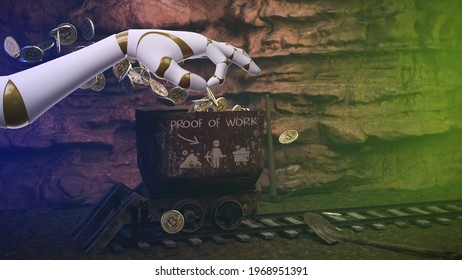 robot hand adding a coin with message PROOF OF WORK in a crypto currency mining concept - 3d illustration