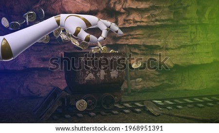 robot hand adding a coin with message PROOF OF WORK in a crypto currency mining concept - 3d illustration