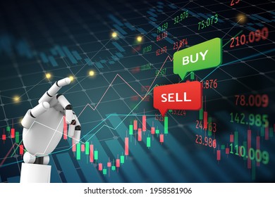 Robot Hand Artificial Intelligence Trading Stock Or Forex Graph With Data Business And Buy And Sell Icon Concept Background 3d Illustration