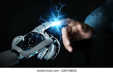 Robot hand creating electricity with human hand on dark background 3D rendering