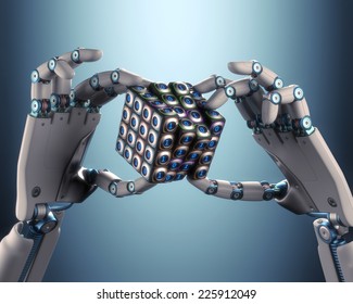 Robot hand holding a binary cube concept of logical processing. Clipping path included.