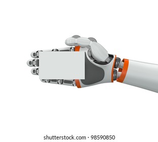 Robot hand holding a blank business card