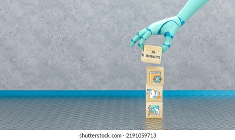 Robot Hand Holding Cube With Message BIO INFORMATICS In Front Of A Concrete Wall - 3d Illustration