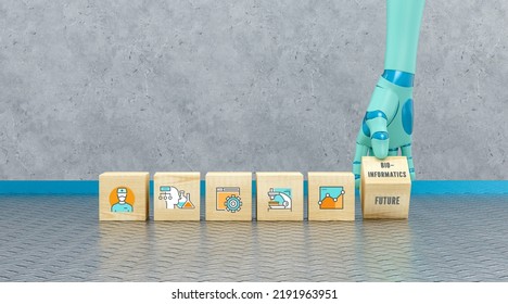 Robot Hand Holding Cube With Message BIO INFORMATICS - FUTURE In Front Of A Concrete Wall - 3d Illustration