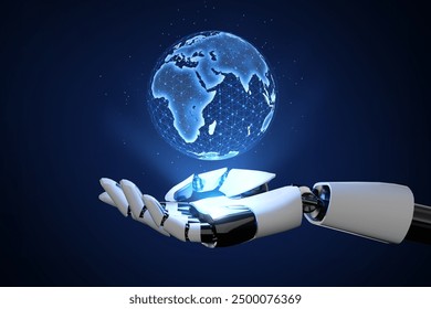 robot hand holding earth, ai, Global networking connection and data exchanges, global communication network concept 3d rendering