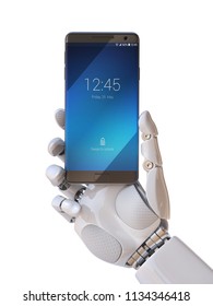 Robot Hand Holding Smart Phone 3d Rendering