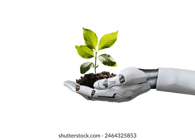 Robot hand holding a young plant against isolated free png background. Sustainable development in the field of agriculture and artificial intelligence.