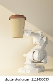 Robot Hand Holds A Cup Of Coffee. 3d Rendering