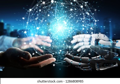 Robot hand and human hand touching digital sphere network on dark background 3D rendering - Shutterstock ID 1286808985