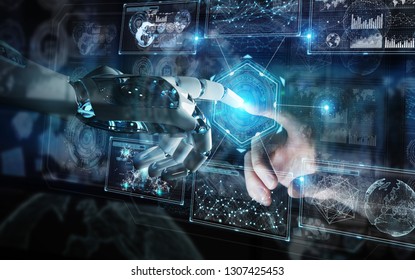 Robot hand and human hand touching digital graph interface on dark background 3D rendering - Shutterstock ID 1307425453