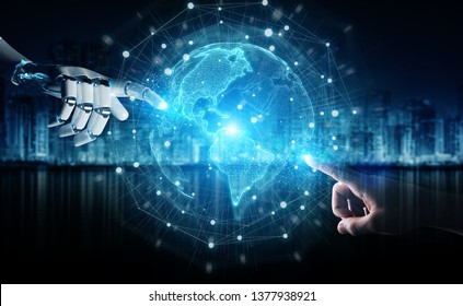 Robot Hand And Human Hand Touching Digital World On Dark Background 3D Rendering