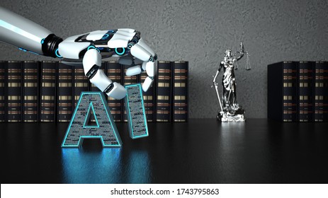 A Robot Hand With The Letter AI And A Lady Justice Statue On The Wooden Table With Law Books. 3d Illustration.