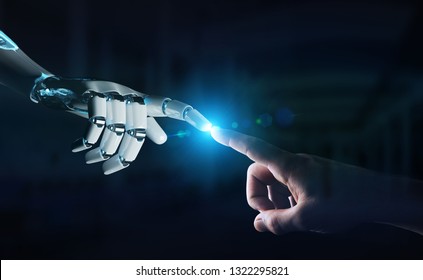 Robot Hand Making Contact With Human Hand On Dark Background 3D Rendering