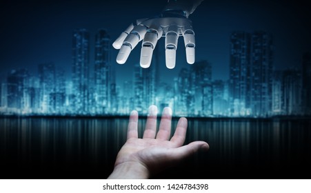 Robot Hand Making Contact With Human Hand On Dark Background 3D Rendering