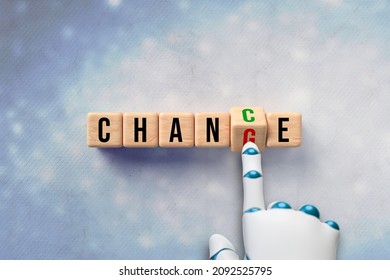 robot hand moving a cube changing the message from CHANGE to CHANCE on paper background - 3d illustration
