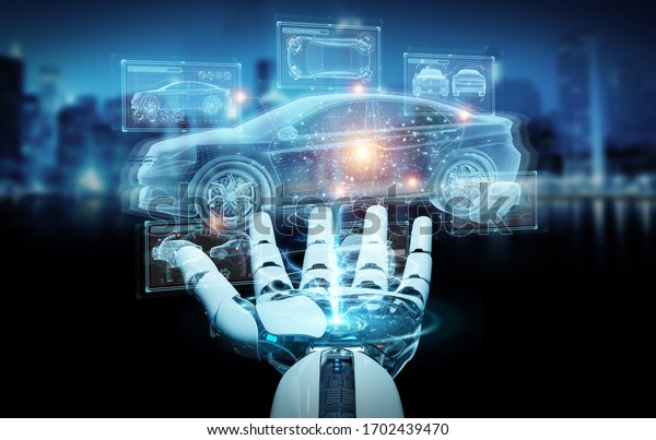 Robot hand on\
blurred background holding and touching holographic smart car\
interface projection 3D\
rendering