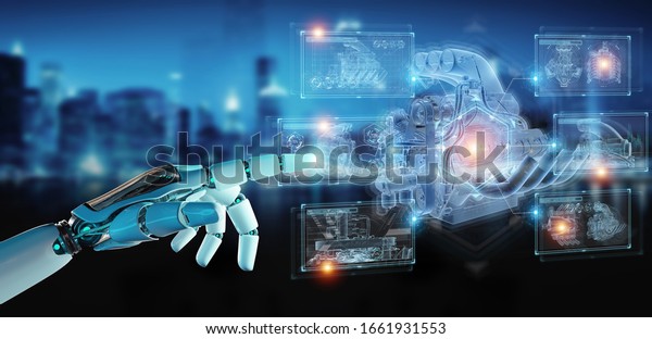 Robot hand\
on dark background holding and touching wireframe holographic\
digital projection of an engine 3D\
rendering