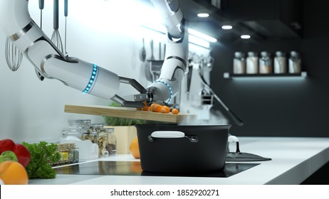 Robot hand prepares soup in a modern kitchen. Dumping the mark into boiling water. 3D illustration. - Powered by Shutterstock