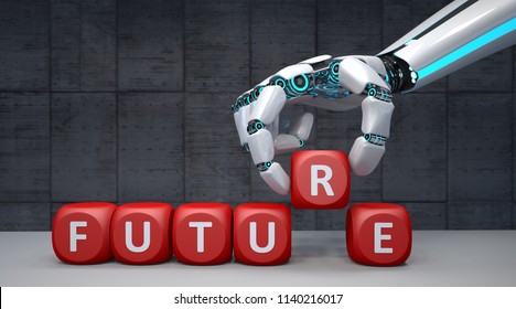 The Robot Hand With Red Cubes And Text Future. 3d Illustration.