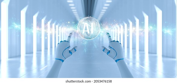 robot hand touching a virtual interface with message AI in a futuristic hallway - 3d illustration