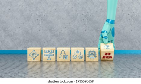 Robot Hand Turning A Cube With The Text ROBO ADVISOR Besides Other Cubes With Technology Icons In Front Of An Industrial Background - 3d Illustration