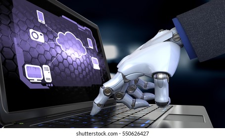 Robot Hand Working With A Cloud Computing Diagram On The Laptop Screen. 3D Illustration