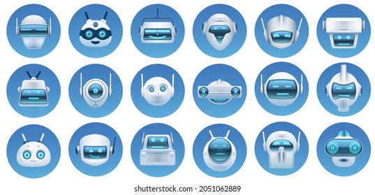 Robot Head Avatars. Cartoon Virtual Assistant, Chat Bot Faces, Robots Logo, Emoji And Mascots. Futuristic Android Character Icons  Set. Illustration Virtual Assistant, Face Emoji Head Robot