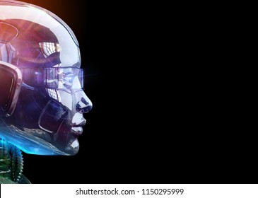 Robot Head With Interface Elements Isolated On Black, Side View. 3D Illustration