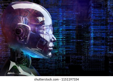 Robot Head With Interface Elements Isolated On Matrix Code Tech Background, Side View. Virtual Reality City Consisting Of Lines Of Programmer Code Skyscrapers. 3D Illustration