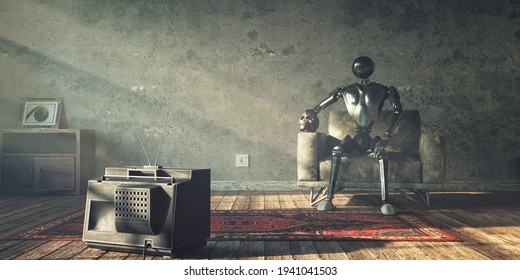 Robot And His Dead Master Are Watching Tv In Post Apocalyptic World, 3d Rendering